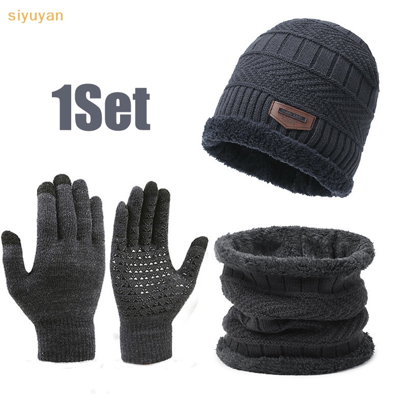 Set 3 Món Nón Len + Găng Tay + Khăn Choàng Cổ + Găng Tay + Găng Tay Giữ Ấm  Mùa Đông Dày Dặn Chống Gió Cho Nam Khi Chạy Bộ / Đạp Xe Thể Thao vn