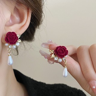 Khuyên Tai Cao Cấp Hình Hoa Hồng Nhung Đỏ Rượu Vang Đính Hạt Giả Ngọc Trai Phong Cách retro