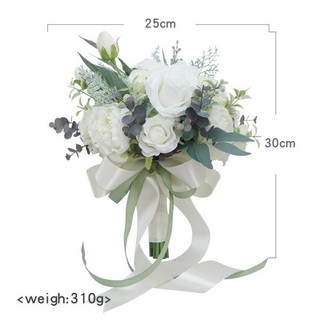 Bó hoa cưới cầm tay cô dâu màu trắng xanh CEVERIA T005 từ hoa sáp và hoa lụa.