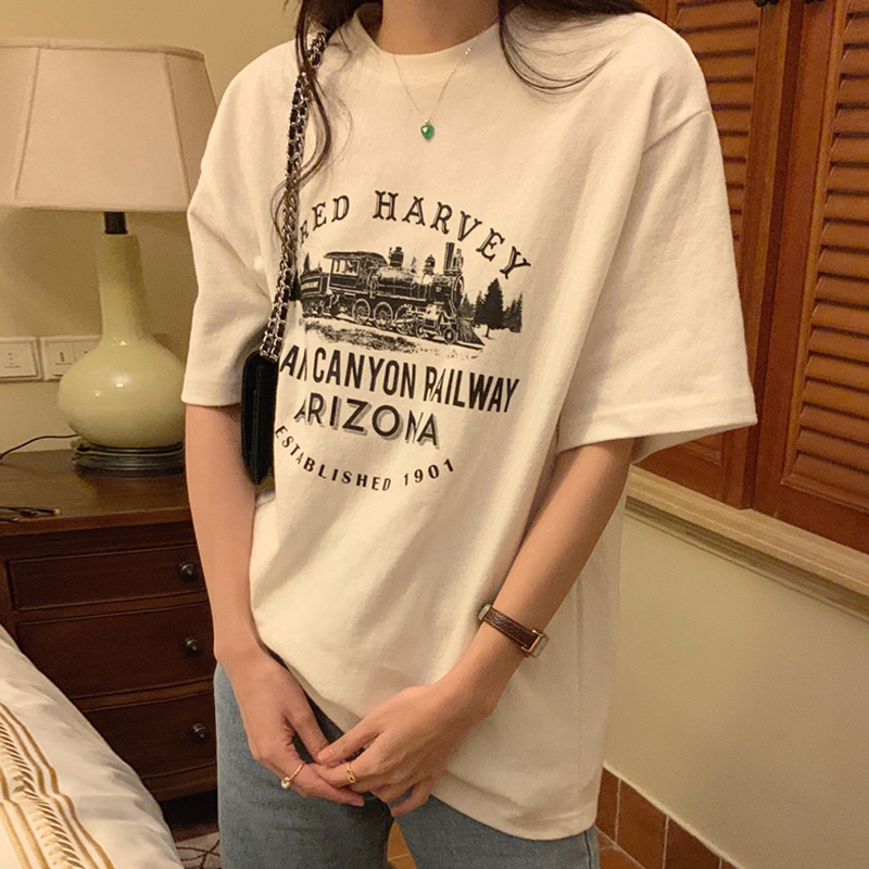 Áo Thun Cotton Tay Ngắn Cổ Tròn Dáng Rộng In Họa Tiết Đơn Giản Phong Cách Hàn Quốc Thời Trang Cho Nữ