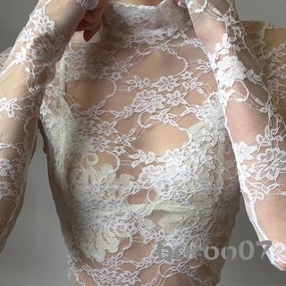 Áo thun nữ ren dài tay cổ cao xuyên thấu hoa mỏng vừa vặn cho bữa tiệc câu lạc bộ