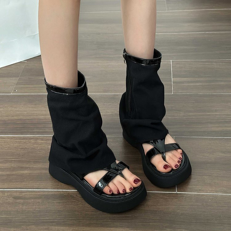 Dép sandal cao cổ vải canvas phong cách Y2K mới của Hàn Quốc, dép Roman, gót vừa, đế dày, mũi nhọn, có khóa kéo, dép Ulzzang đa năng, chống trượt, bền, cho kỳ nghỉ hè, sinh viên