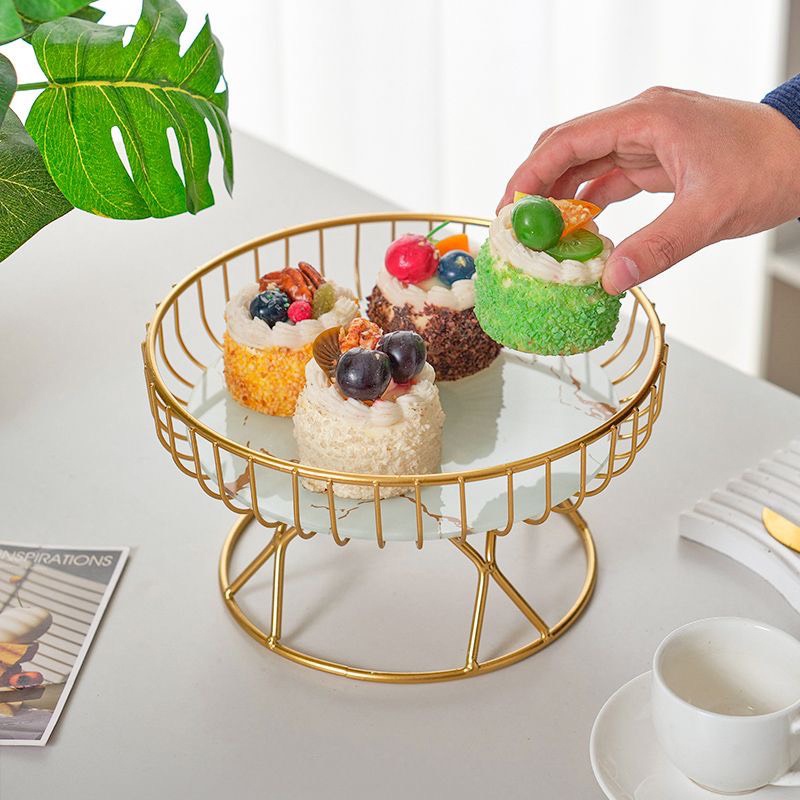 Khay Đựng Trái Cây Để Bàn Khung Sắt Mạ Vàng – Mặt Kính Vân Đá Cẩm Thạch Decor Bàn Bếp, Phòng Khách