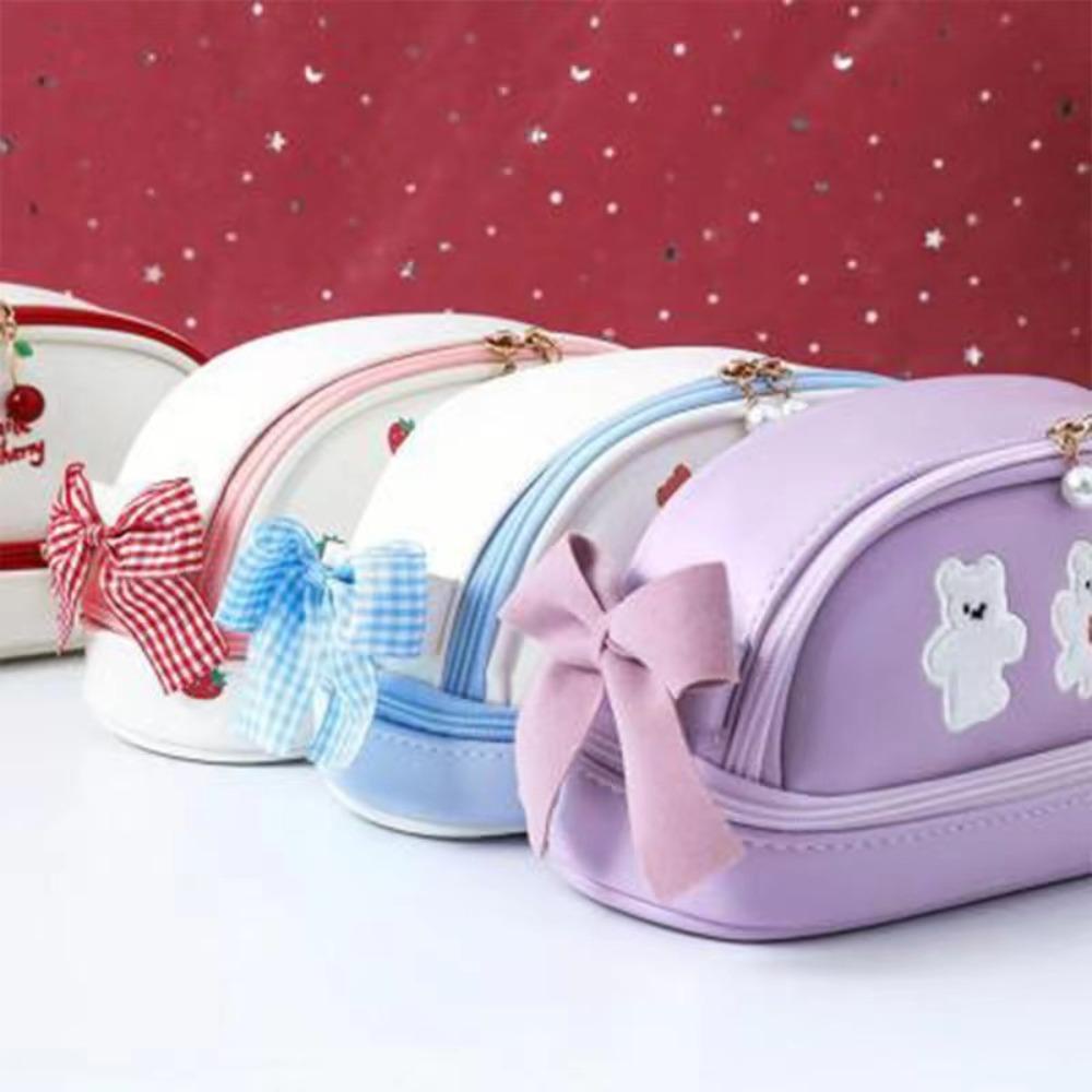 Bút chì HIGHVIEWLS, Túi bút chì dễ thương Smile Cherry Strawberry, Văn phòng phẩm di động Gấu da PU hai lớp Túi đựng bút cô gái