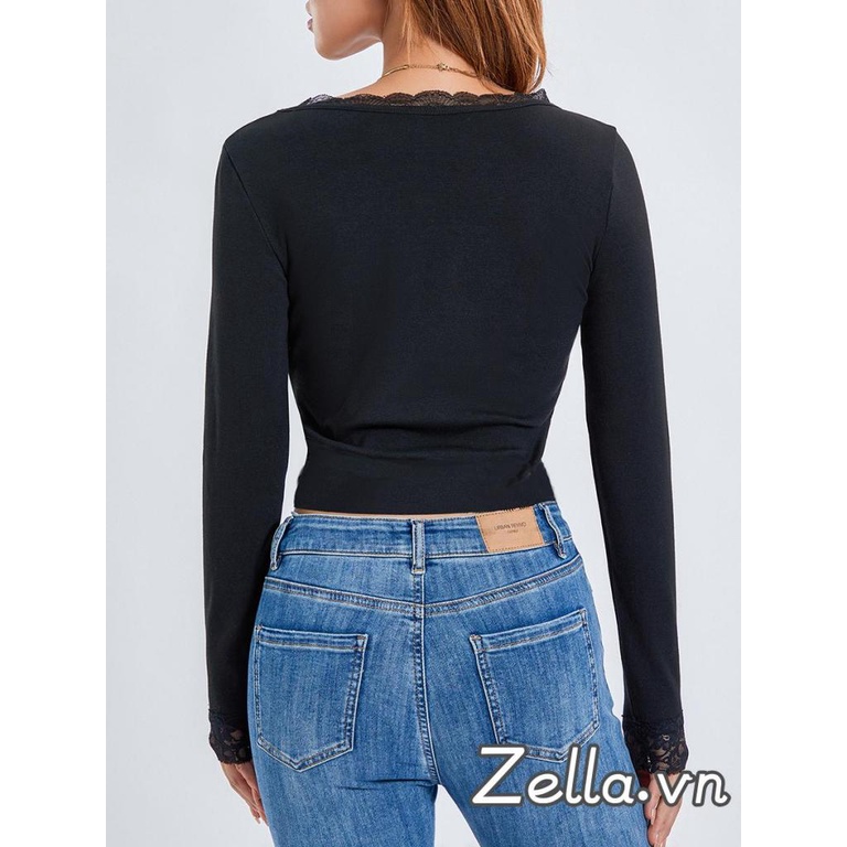 Nữ Ren Viền Áo Thun Ngắn Cổ Chữ U Áo Sơ Mi Tay Dài Mùa Xuân Thu Slim Fit Áo Dạo Phố