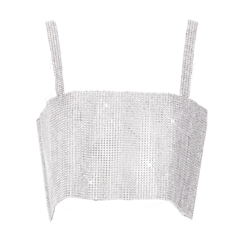 Dasbsug Nữ Fishnet Kim Cương Giả Crop Top Không Tay Pha Lê Tank Top Clubwear
