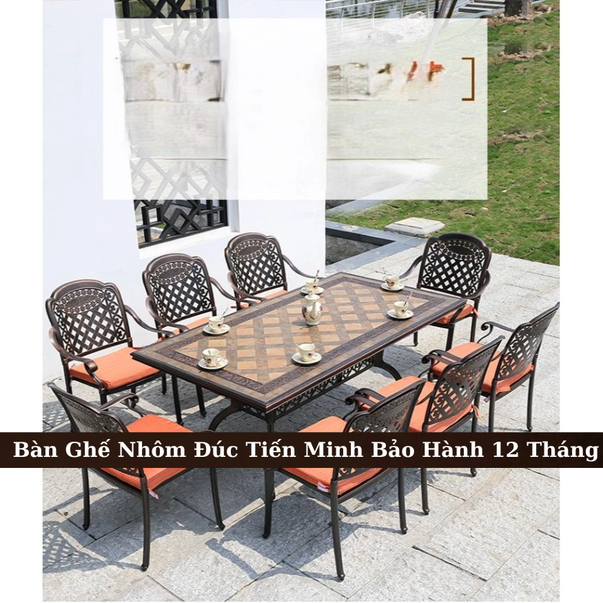Bàn Ghế Nhôm Đúc Họa Tiết Hoa Sen Sân Vườn Ghế 6 chiếc+1 Bàn chữ nhật Nhôm Đúc Nhập Khẩu - TM18