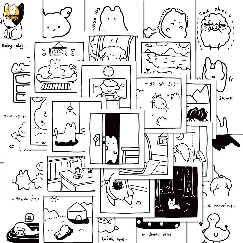 Set 50 cái sticker chống nước GẤU MÈO DỄ THƯƠNG CUTE TRẮNG ĐEN 1 NGÀY ...