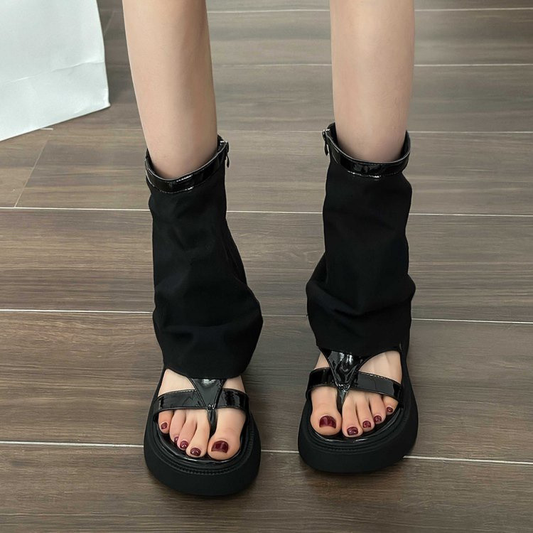 Dép sandal cao cổ vải canvas phong cách Y2K mới của Hàn Quốc, dép Roman, gót vừa, đế dày, mũi nhọn, có khóa kéo, dép Ulzzang đa năng, chống trượt, bền, cho kỳ nghỉ hè, sinh viên