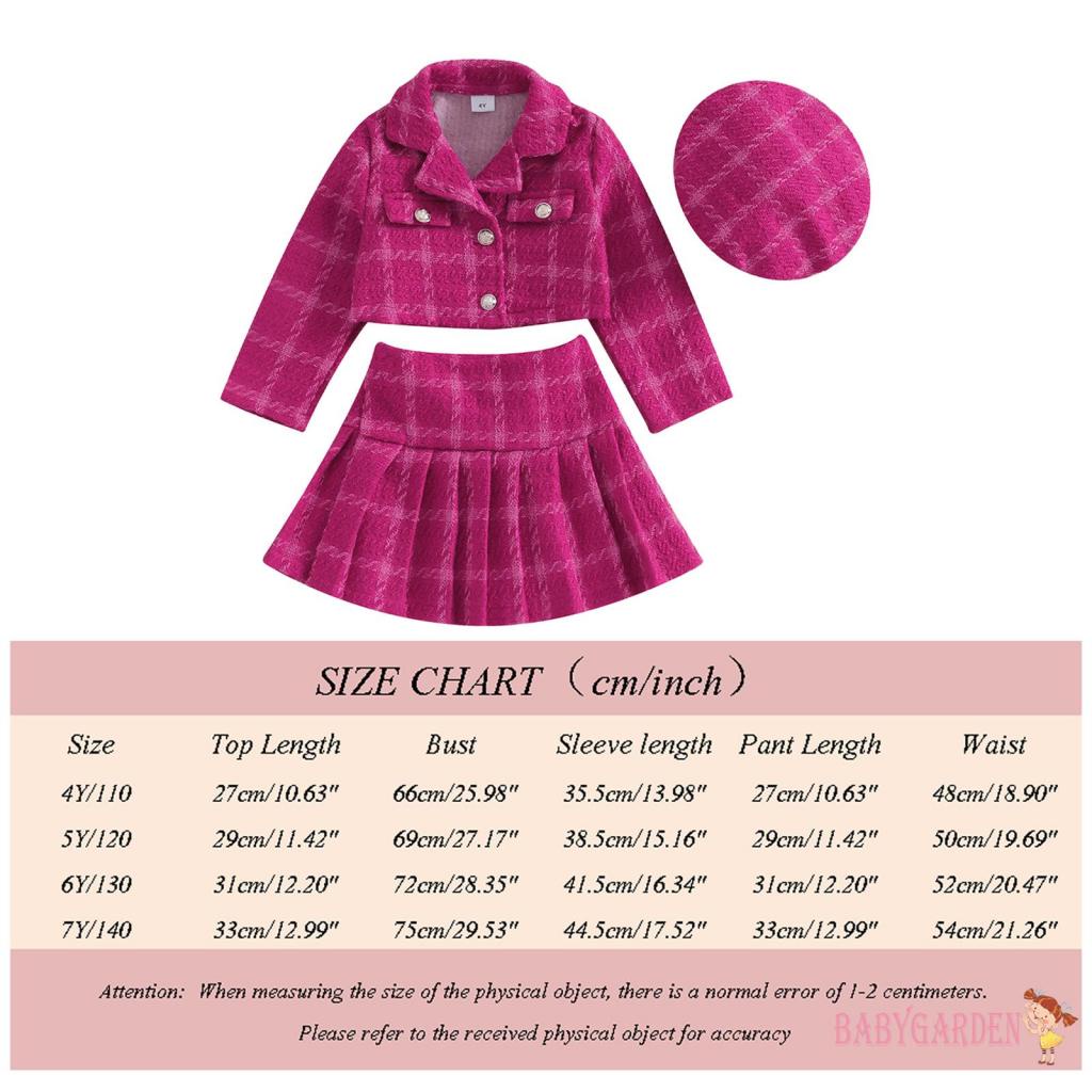 Set Đồ Mùa Thu 3 Món Gồm Áo Khoác Tay Dài Cài Nút + Váy Xếp Ly Kẻ Sọc + Mũ Cho Bé Gái 4-7 Tuổi