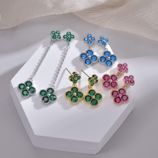 Châu Âu Mỹ ins Phong Cách Mới Cỏ Bốn Lá Bông Tai Zircon Nhiều Màu Sắc Nữ