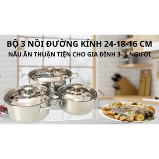 Bộ nồi inox Hilogi 3 cái dùng được bếp từ size 24 18 16 cm chống gỉ , nấu được trên bếp từ và mọi loại bếp
