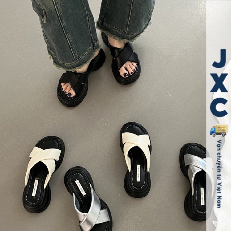 JINxCHOY SHOES Dép Da pu Đế Bằng Dày Dặn Quai Chéo Phong Cách Hàn Quốc Thời Trang Cho Nữ