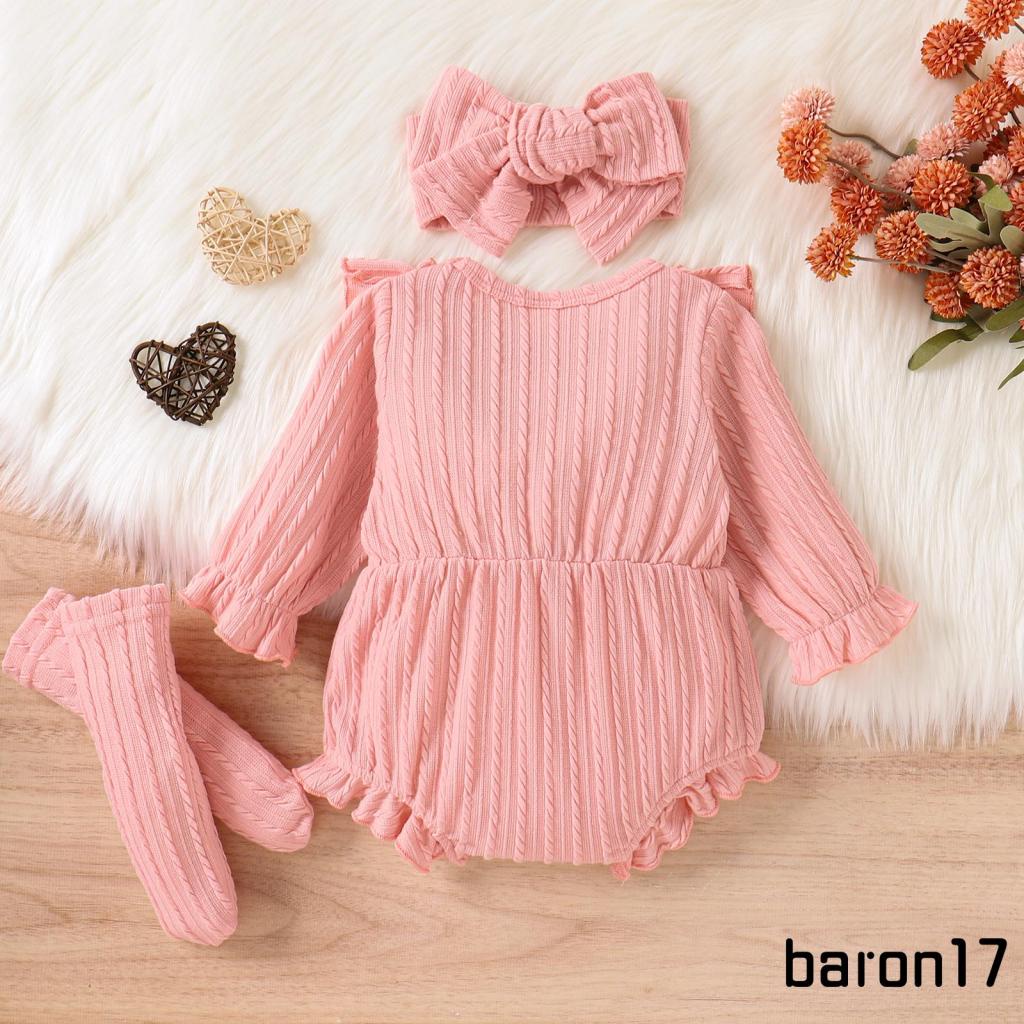 3 Bộ áo liền quần mùa thu cho bé gái Trang phục dài tay Nút áo liền quần xếp nếp phía trước + Tất + Bộ băng đô