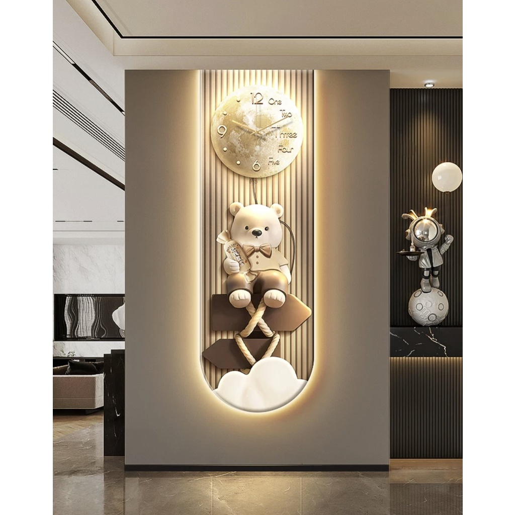 Tranh Đồng Hồ 3D LED Gấu Dễ Thương Trang Trí Nhà Tráng Gương Cao Cấp - OHA DECOR