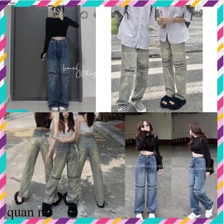 Quần bò jean ống rộng suông xuông nữ jeans cạp cao túi trước thêu gối chữ phong cách Hàn Quốc 2025