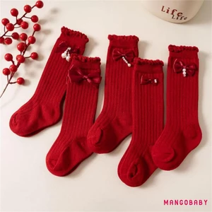 Mg-toddler Nữ Giáng Sinh Đầu Gối Cao Tất Nơ Kim Cương Giả Trang Trí Ngọc Trai Chống Trơn Trượt Vớ Bắp Chân 0-4 Tuổi