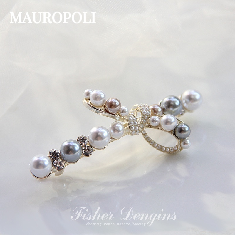 Mauropoli Kẹp tóc ngọc trai nơ đính đá phong cách Hàn Quốc, phụ kiện mùa xuân cho nữ