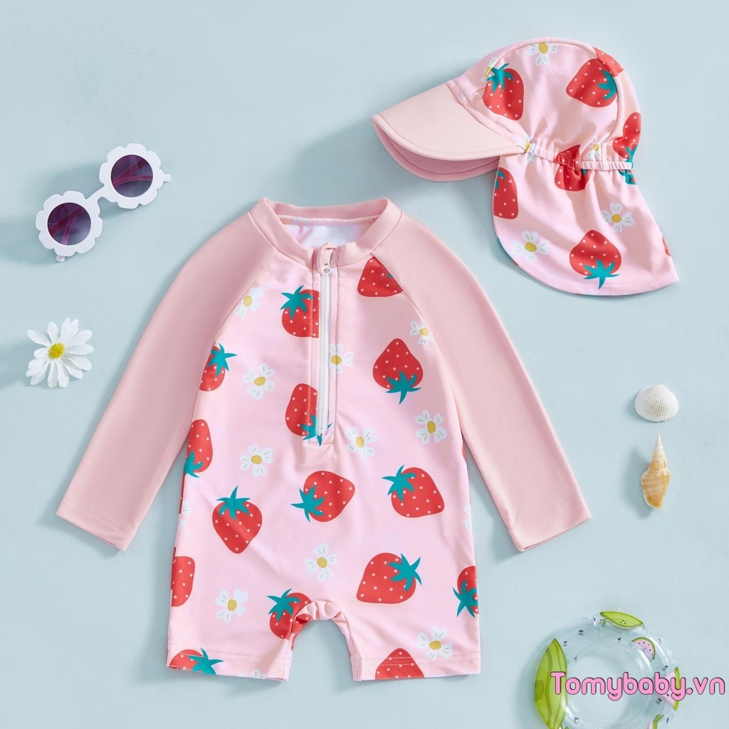 Bộ đồ bơi dài tay cho bé gái Bộ đồ tắm chống đóng cọc in hoa / Flamingo + Sunhat