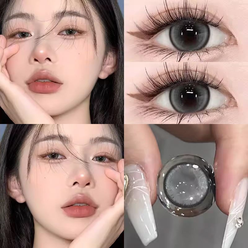 Set 2 Kính Áp Tròng Màu Đen contact lenses 0 ~ -8.00 black len 14.2mm lens cận lens nâu bean black 76