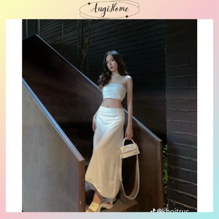 SET ÁO CROPTOP ỐNG CÚP NGỰC + CHÂN VÁY MIDI TRƠN TRẮNG ANGI HOME