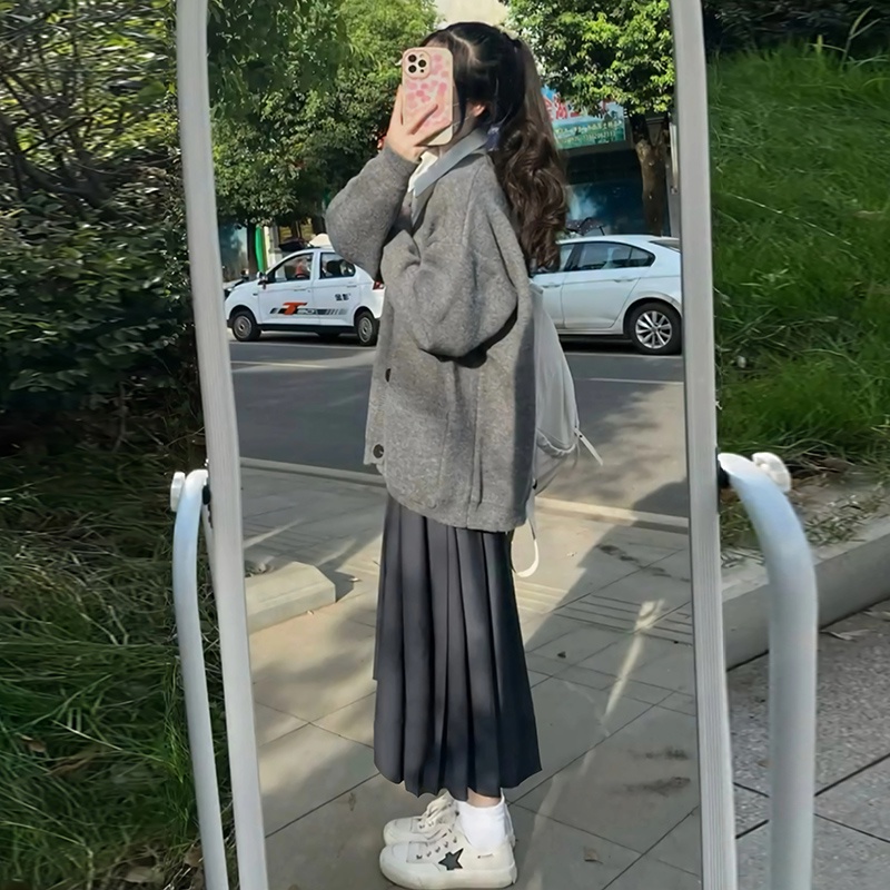 Hàng Mới Về Bộ Áo Khoác cardigan Dệt Kim + Chân Váy Eo Cao Xếp Ly Thời Trang Thu Đông Cho Mẹ Bầu 3023