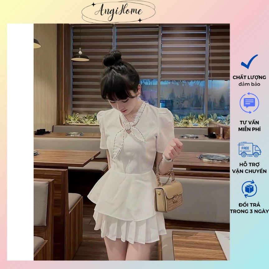 SET ÁO PEPLUM THẮT NƠ VIỀN CHỈ ĐEN + CHÂN VÁY TẦNG ANGI HOME