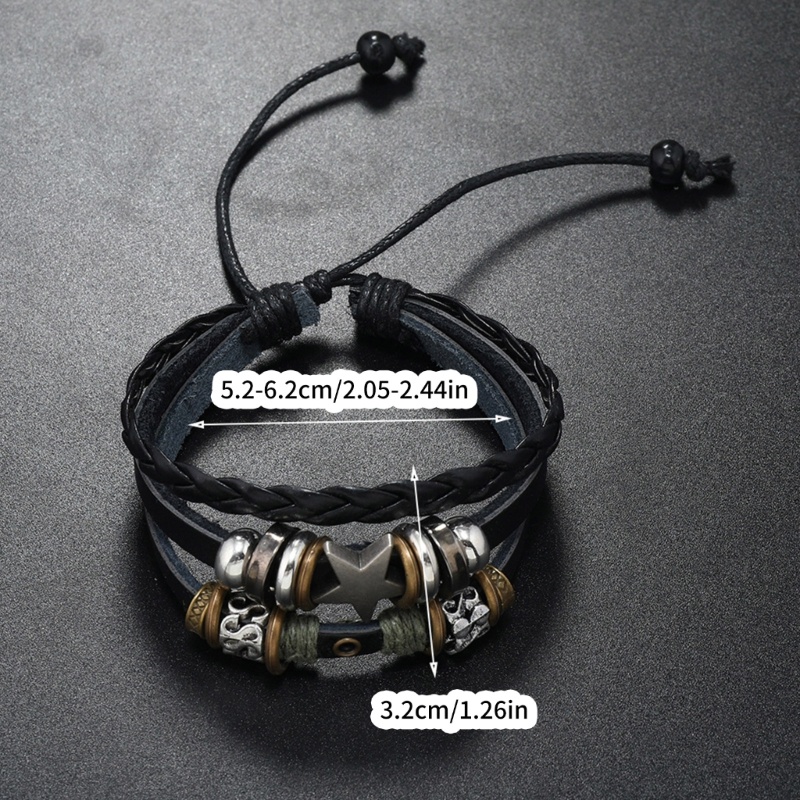 Coo Punk Vòng tay da nhiều lớp ngôi sao đính hạt, dây đeo tay thời trang dệt, có thể điều chỉnh