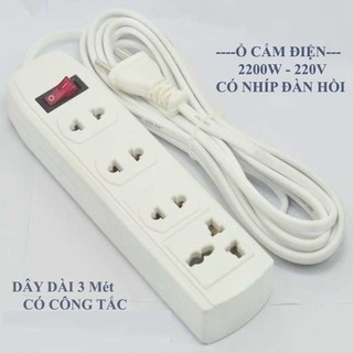 Ổ CẮM ĐIỆN DÂY DÀI 3M - 2200W - CÓ NHÍP ĐÀN HỒI - CÓ CÔNG TẮC- ổ cẮm điệ trắng thái gia cao cấp