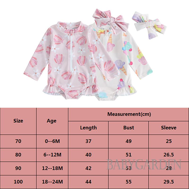 Bộ Đồ Bơi Tay Dài Có Khóa Kéo In Hình Cây Kem / Hoa Xinh Xắn Cho Bé Gái Từ 0-24 Tháng Tuổi