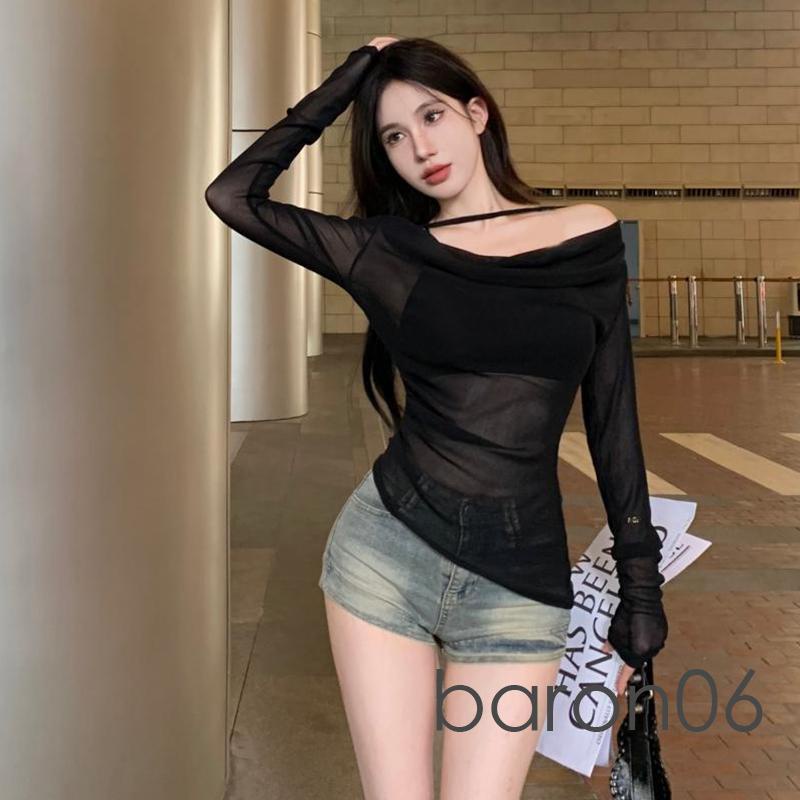 Áo sơ mi nữ lệch vai Sheer Halter Áo cơ bản dài tay có áo ống Bộ 2 mảnh cho quần áo thẩm mỹ dạo phố