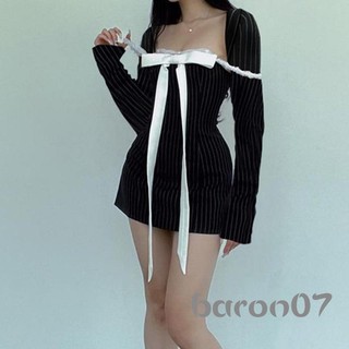 Đầm dài tay nữ sọc in nơ dự tiệc Váy Mini cho câu lạc bộ Cocktail đi biển Dạo phố