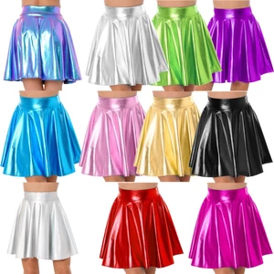 Phụ Nữ Bóng Cao Cấp loe Váy Câu Lạc Bộ Sân Khấu Trang Phục Đảng Khiêu Vũ Sáng Bóng Kim Loại Ruffle Váy