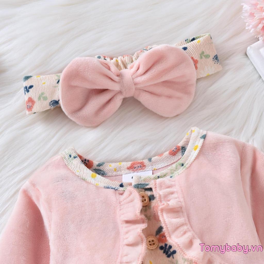 Bé Gái Áo Liền Quần Thường Ngày Trang Phục Dài Tay In Hoa Chắp Vá Đầm Jumpsuit + Nơ Trang Trí Băng Đô Bộ