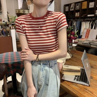 Áo thun nữ ngắn tay sọc đen hồng vải cotton co giãn, vai trước, mùa hè