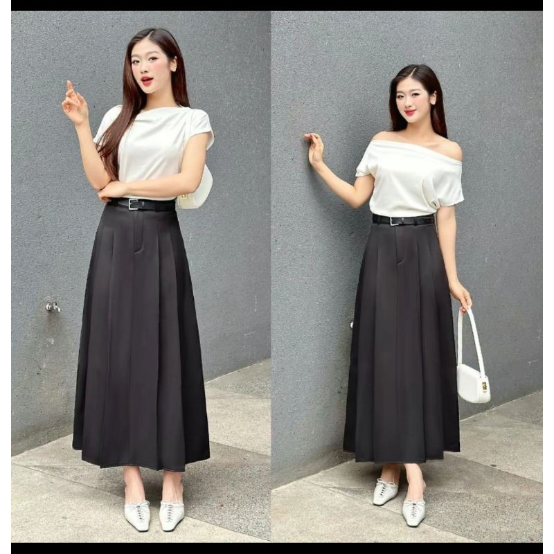 Chân váy xếp ly nữ midi cạp cao tặng kèm dây lưng dài   ( chất vải Vitex loại 1)