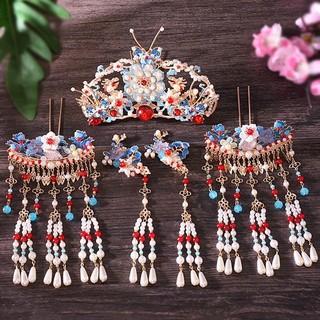 Phụ kiện Hanfu phong cách cổ điển, vương miện xanh cháy đa năng, kẹp tóc ngọc trai tua dài, kẹp tóc Jinglan 2.11 5QO7