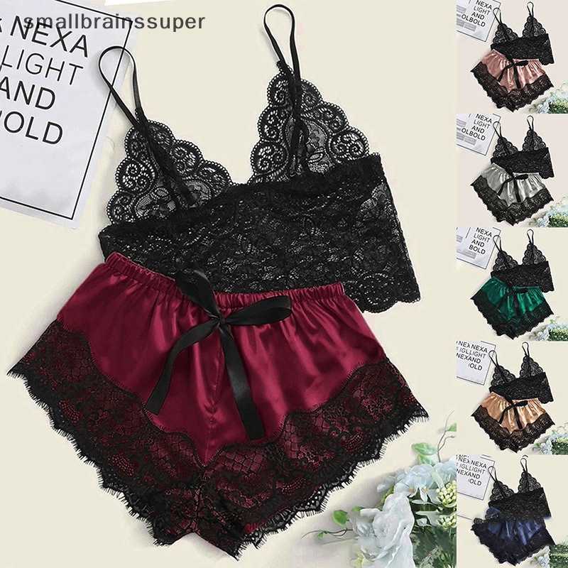 Bộ Đồ Ngủ Áo Hai Dây Cổ Chữ v Phối Ren + Quần Short Gợi Cảm Cho Nữ sbs