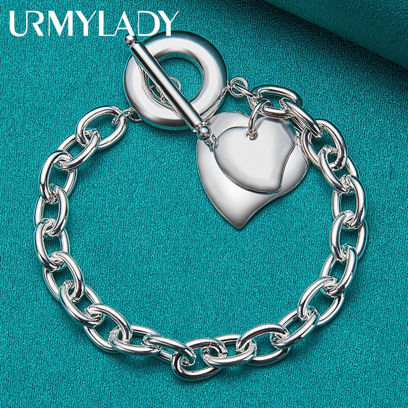 URMYLADY Bạc 925 Đôi Trái Tim Mặt Dây Chuyền Vòng Tay Nữ Tiệc Cưới Trang Sức Quyến Rũ
