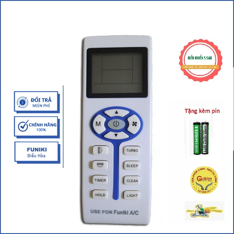 Điều khiển remote từ xa dùng cho điều hòa funiki mẫu mới có vệt xanh hình chìa khóa - tặng kèm pin