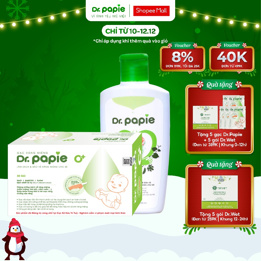 (Đã bán 2k) Combo 1 Nước Tắm Thảo Dược Dr Papie Và 1 Gạc Răng Miệng Dr Papie Cho Bé
