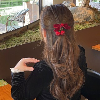 Mới Kẹp Tóc Vải Nhung Đính Nơ Họa Tiết cherry Thời Trang Mùa Đông