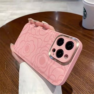 Ốp Điện Thoại Da Hoa Camellia Ống Kính Kim Loại Mạ Sang Trọng Cho iPhone 16 15 Pro Max 14Promax Plus 11 12 13 Pro Max 17Promax Vỏ Chống Sốc Nữ Tính