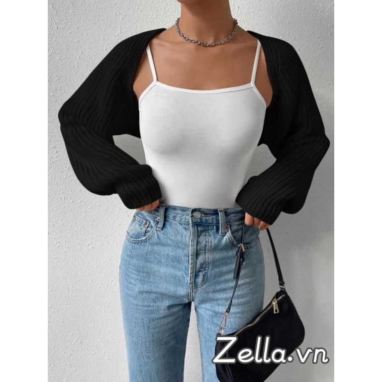 Áo len Cardigan crop phía trước mở rộng dành cho nữ dài tay màu trơn có gân đan nhún vai Áo len Bolero Áo dạo phố