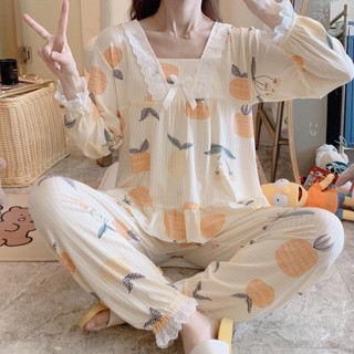 Bộ đồ mặc nhà dài tay co giãn mềm mại dành cho nữ, đồ ngủ nơ dễ thương