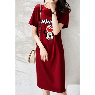 Đầm Thun midi Tay Ngắn Cổ Tròn In Hình Chuột mickey Thời Trang Mùa Hè 2023