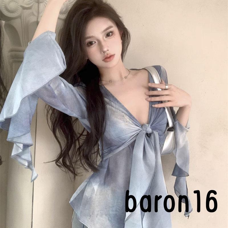 Risz Áo crop Top Tay Dài Cổ Chữ v Nhuộm Màu Thời Trang Phong Cách 90s