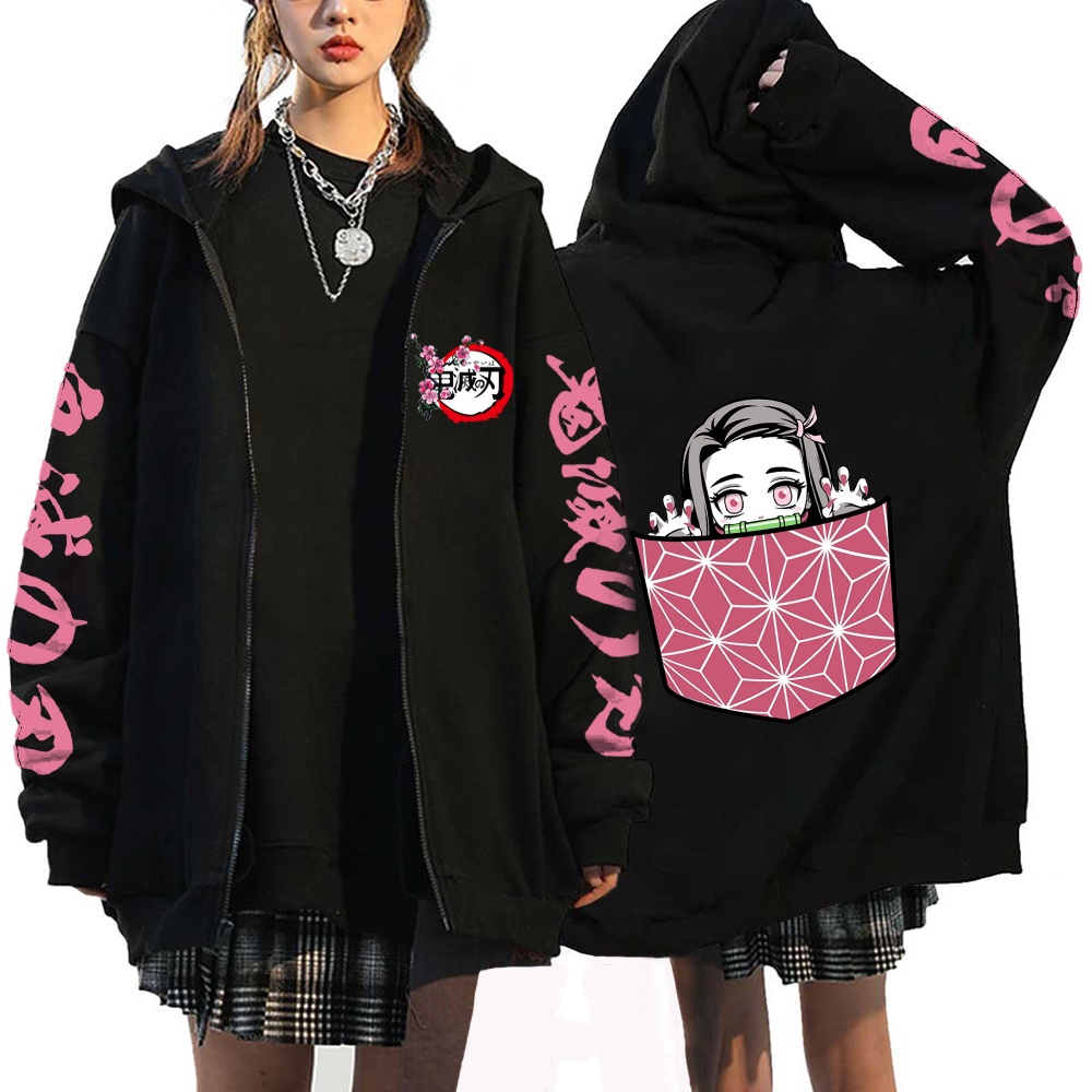 Áo Khoác Hoodie Chui Đầu Có Khóa Kéo In Hình demon slayer Nhật Bản kamado nezuko plus size Cho Nữ Thời Trang