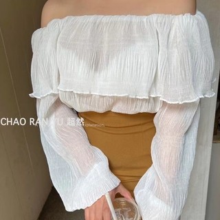 Hàng Mới Về Áo Voan Trễ Vai Xếp Ly Tay Dài Màu Trơn Thời Trang Dành Cho Nữ