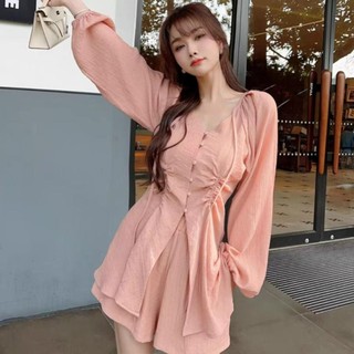 Đồ Bộ Big size nữ tiểu thư áo kiểu tay dài vạt xòe xẻ nhún eo kèm quần đùi lưng chun chất vải đũi xốp dễ mặc SET91